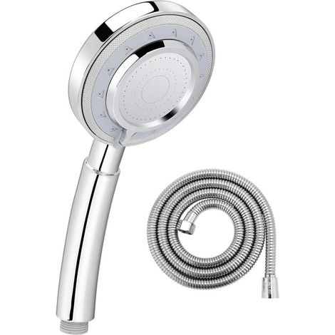 Lntyq Haute Pression Pommeau de Douche avec Tuyau 3 Modes de Pulvérisation Douchette Douche Salle de Bain + 1.5m Tuyau Acier Inoxydable Chrome Argent-rond