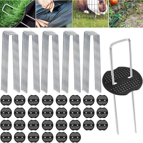 Piquets de Fixation en Acier Galvanisé, 100 Pièces + 30 Rondelles, Pelouse Agrafes, Piquets de Jardin, Piquet pour Toile de Paillage, Grillage et Filets - 150 mm Long, 30 mm Large, Ø 3 mm (1/4)