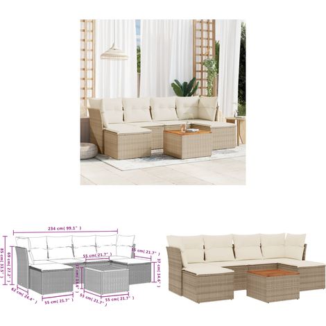 7-tlg. Garten-Sofagarnitur mit Kissen Beige Poly Rattan - Gartensorte - Gartenmöbelset - PE-Rattan Möbel - Outdoor Sofa - Lounge Set - Home & Living (1/3)