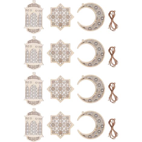 Pendentif En Bois Creux Eid Mubarak - Décoration Ramadan - Style Découpé Lune Étoile Lanterne - Pour DIY Et Artisanat - 4 Pièces