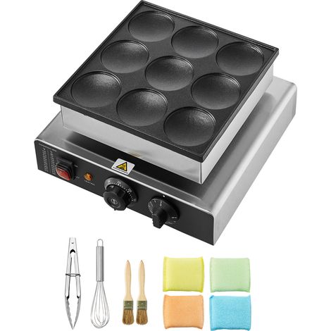 Mophorn Macchina per pancake olandese, 9 pezzi 76mm di diametro Dorayaki Baker Machine, 850W Commercial Electric Poffertjes Grill, antiaderente in acciaio inox,controllo della temperatura e del tempo (1/5)