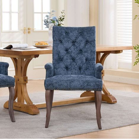 Silla de comedor, en chenilla, con brazos y respaldo acolchado, patas de madera maciza, azul (1/5)