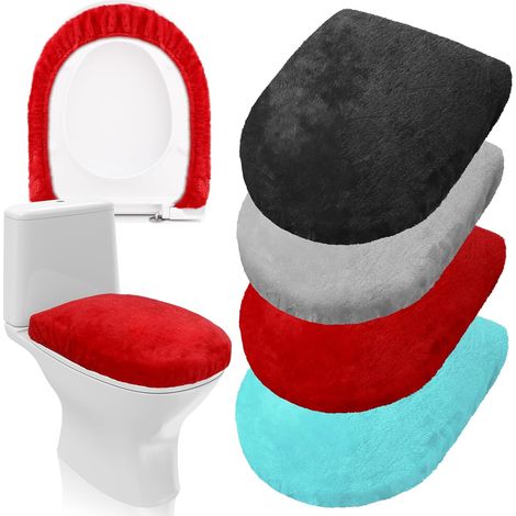 Vierteiliges, maschinenwaschbares WC-Sitzbezug-Set aus weichem Samt mit Gummiband am unteren Rand, passend für die meisten WC-Sitze (helle Farbe). (1/5)