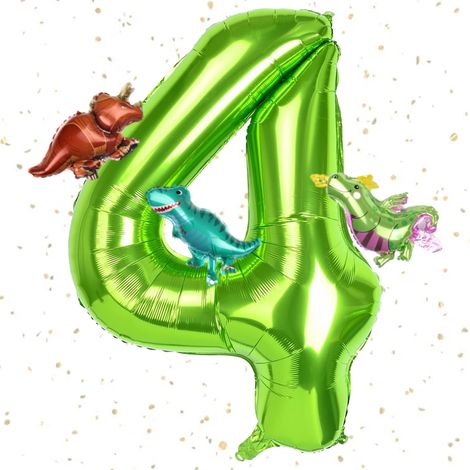 Ballon chiffre vert de 101 cm (40 pouces), ballon dinosaure chiffre 4, grand ballon chiffre en aluminium, ballons dinosaures verts pour décoration de fête d'anniversaire ou de fête à thème.