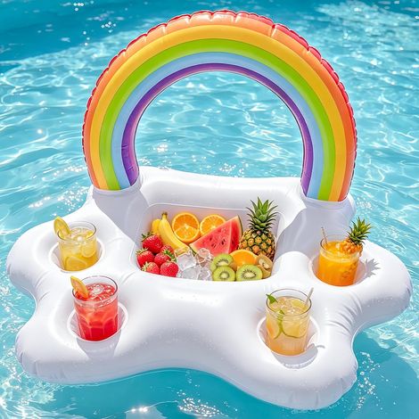 Porte-gobelet arc-en-ciel 2 en 1, collations, bar de piscine, gonflable, 5 trous, grande capacité, plateau flottant pour fête à la piscine, plage, fête à thème hawaïen (1/5)