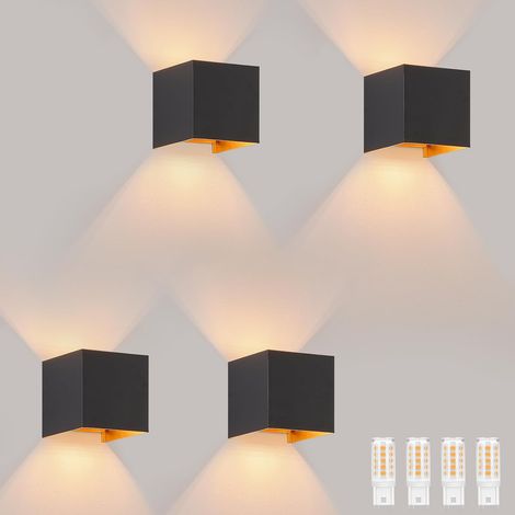 4 pcs Appliques Murales Noires à LED -GBLY Lampe Extérieure, Éclairage Ascendant et Descendant Intérieur, Étanche IP65, Réglable avec Lumière Blanche Chaude, Projecteur Mural G9 Noir et Or Idéal