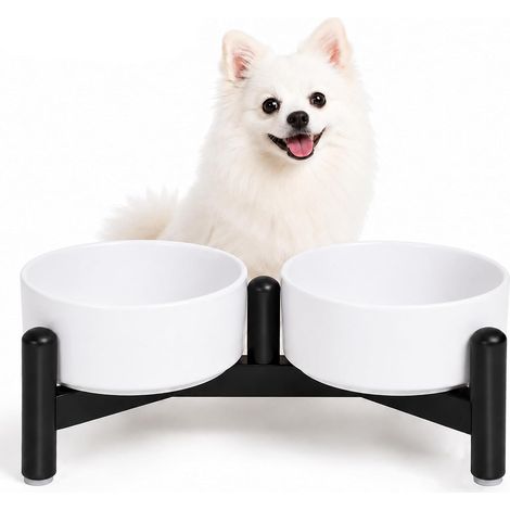 Ceramic Raised Dog Bowl - Raised Bowls for Small Dogs and Cats - Double Bowl with Stainless Steel Stand for Water and Kibble - 160 g (320 ml) x 2 - White (1/5)