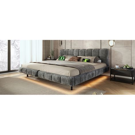 Cama tapizada 180x200 cm con almacenaje hidráulico, LED y USB/C, chenilla gris OKWISH (1/5)