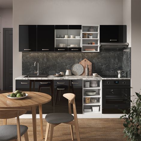 Mueble de cocina R-Line, Negro brillo/blanco, 240 cm sin encimera, Vicco
