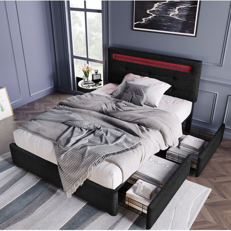 Cama con canapé 90x200 cm con LED, 2 cajones y colchón de muelles, negro DESVIAE (1/5)