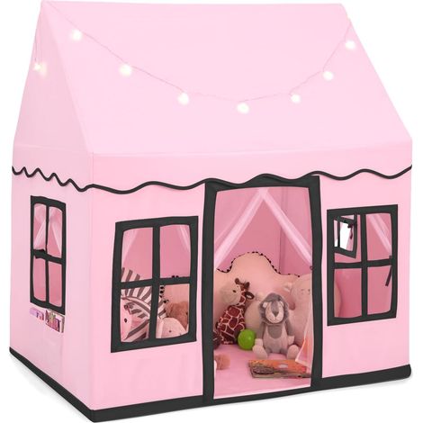 COSTWAY Tenda da Gioco per Bambini con Luci a Stella, Tappetino in Velluto Lavabile e Antiscivolo, Finestre e Tende a Rete, Ideale per Interni ed Esterni per Bambini 3 Anni + (Rosa)
