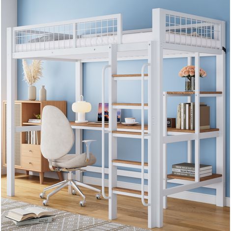 Cama alta de metal y madera blanco y natural 90x200 cm con escritorio, estantes y escalera de 5 peldaños (1/5)