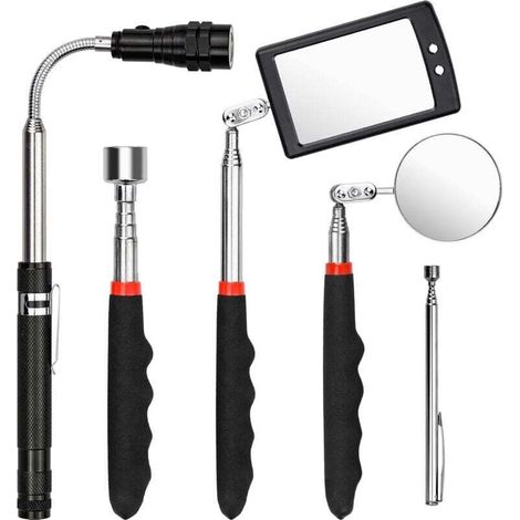 5er-Pack magnetische Hebewerkzeuge, einziehbare magnetische Hebewerkzeuge, including 1.5/20 lb einziehbarem Magnet, quadratischer/runder Inspektionsspiegel mit LED und Taschenlampe, 3-Wege-Drehung (1/4)
