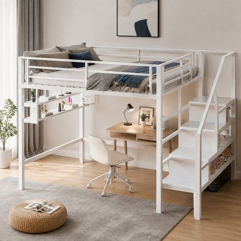 MEUBLIV Letto a soppalco 140x200 cm bianco – con vani contenitore e sponde, senza materasso (1/5)