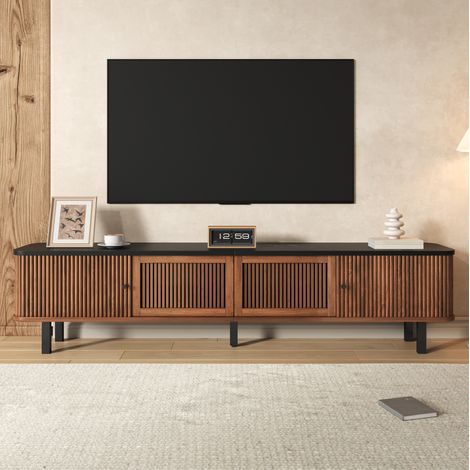 Mobile TV 190x35x45 cm noce in MDF e pannello truciolare con ante scorrevoli e inserti a griglia (1/5)
