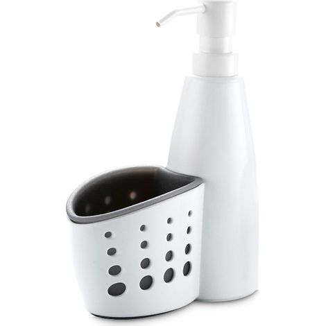 [Dispensador de jabón de cocina con soporte para esponja] Dispensador de jabón líquido para baño con práctico accesorio y soporte para esponja – 400 ml, PE/ABS, Blanco/Gris (1/5)