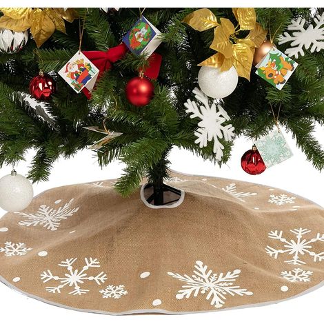 Jupe de sapin de Noël, 122 cm (48 pouces) - Jupe de sapin de Noël en toile de jute avec flocons de neige blancs (1/5)