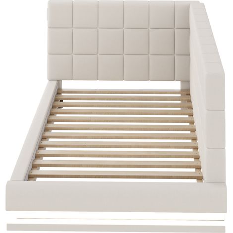 Letto divano imbottito 90 x 200 cm con LED, USB e rete a doghe, lino beige HOMVRA (1/5)