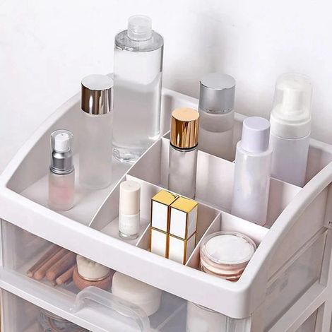 1 pièce, couleur : blanc, matériau : PP, 1 coiffeuse de bureau transparente en plastique à quatre niveaux et trois tiroirs.