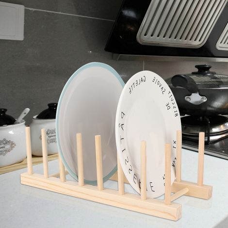 Égouttoir à vaisselle en bois 7 alvéoles, support pour assiettes, étagère de rangement pour cuisine, séchoir multifonctions. (1/4)