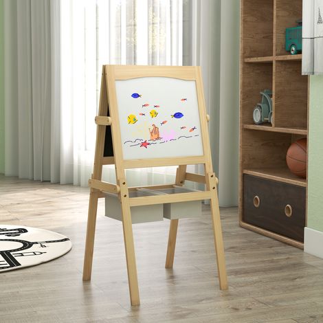 Pizarra infantil de caballete, pizarra blanca de doble cara, pizarra de tiza, rollo de papel, 58 x 50,5 x 109 cm, natural