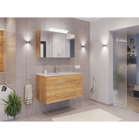 Badmöbel Set Firenze 100 2tlg. Spiegelschrank Softclose eiche gold