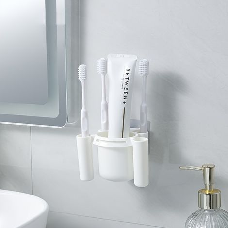 Porte-brosses à dents mural pour salle de bain — Sans perçage — Comprend des emplacements de rangement pour rasoir et dentifrice (1/5)