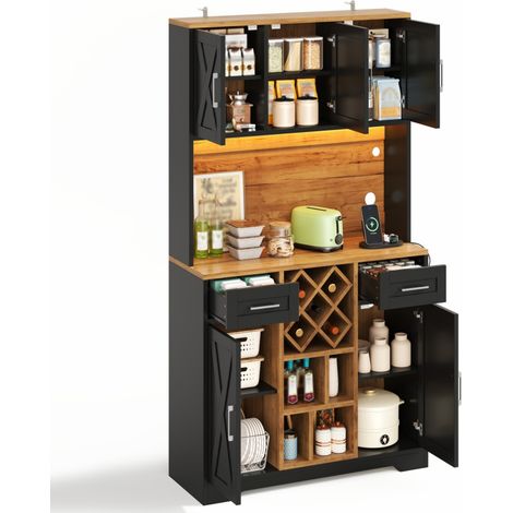 Armoire de cuisine haute avec led et meuble de rangement avec porte-bouteilles, style grange, 180x105x40 cm (1/5)