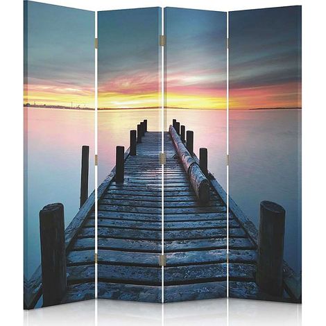 Paravent Plate-forme Décoratif 4 Panneaux Vue Mer Coucher de Soleil - 145 x 180 cm - 1 face déco, 1 face noir