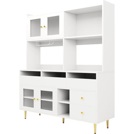 Aparador moderno con puertas de vidrio estriado, botellero y soporte para copas 145x39x171 cm (1/5)