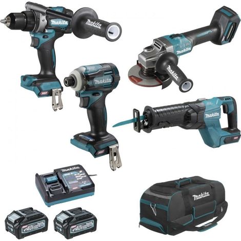 Makita – Pack de 4 outils électroportatifs 40V – Perceuse visseuse, meuleuse, visseuse à chocs, scie récipro – 2 batteries 4Ah, chargeur, sac – DK0126G401
