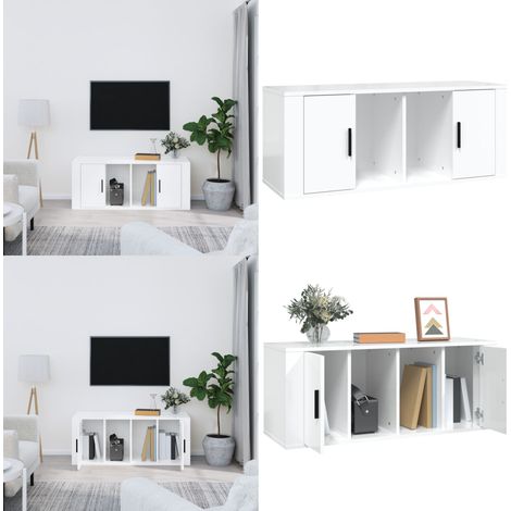 Mobile Porta TV Bianco Lucido 100x35x40 cm in Legno Multistrato - TV Stand - Mobile in Legno