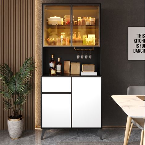 Buffet 80x40x180 cm MDF noir et blanc avec LED HAVRYA (1/5)