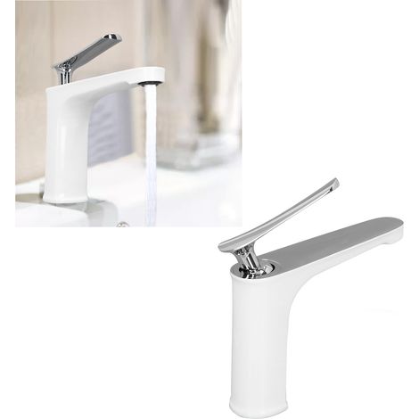 Grifo monomando para lavabo G1/2 fabricado en cobre con maneta metálica y acabado blanco plateado, de fácil instalación. (1/5)
