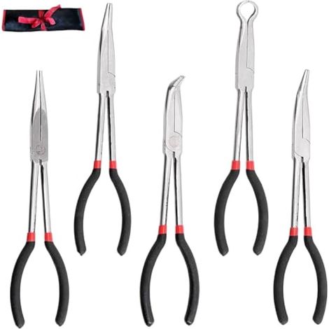 Jeu de pinces à bec long, Lot de 5 pinces à bout pointu pour téléphone,pince a bec,Outil de réparation,pince circulaire longue portée, parfaite pour carrosserie de voiture (1/5)