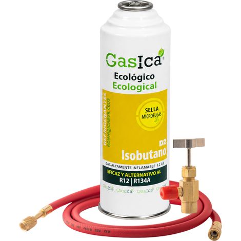 Gasica D2 226g Sustituto R134a R12 Sella Fugas y Trazador Verde Gas Ecológico HC Con Válvula y Manguera Incluida (1/5)