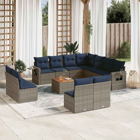 Salon de jardin modulable 12 pièces en résine tressée gris avec coussins bleu marine - PANGIVO (1/5)