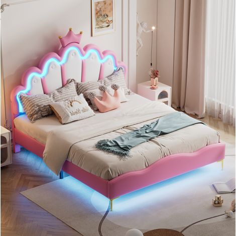 Cama matrimonio tapizada con LED rosa 140x200 DESVIAE (1/5)