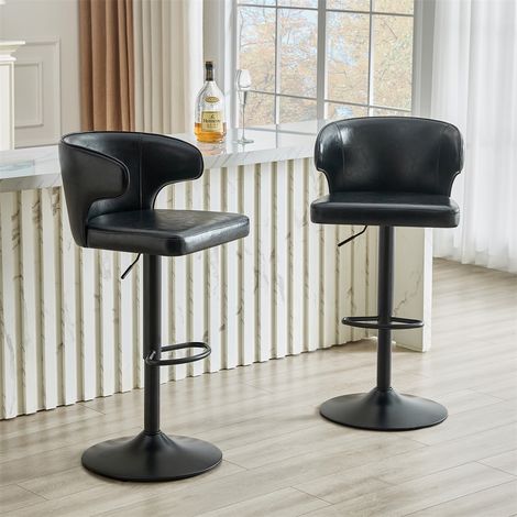 Lot de 2 Tabourets de Bar 49,7x45cm Chaises Hautes de Cuisine Pivotantes avec Dossier Ergonomique et Base Stable - Noir (1/5)