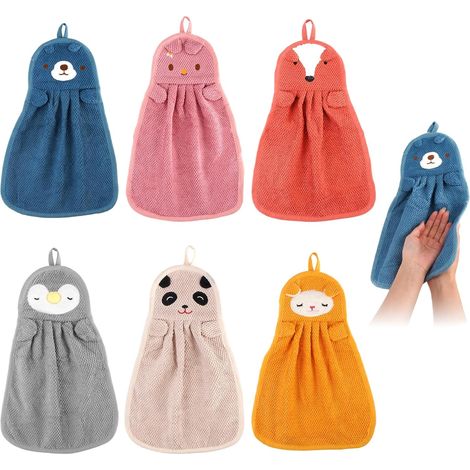 6 Pièces Serviette Enfant Microfibre 36x23cm Motif Animal Suspendue Pour Bain Et Lavage Des Mains (1/5)