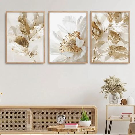 30 x 40 cm – Beige und Gold – Leinwanddruck – Blumenmuster – Modern – Botanisches Blatt – Leinwanddruck – Wandbild – Ungerahmt
