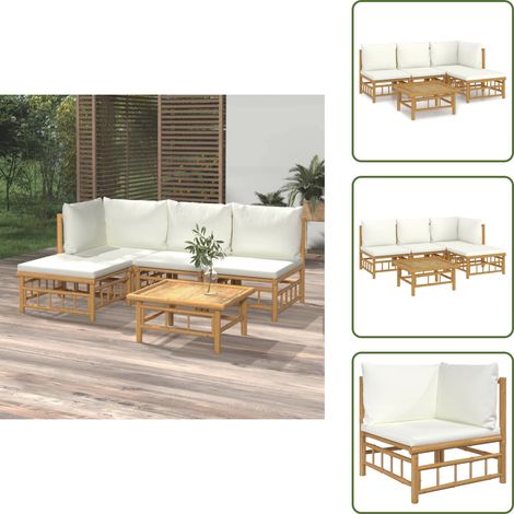 5-tlg. Garten-Lounge-Set mit Cremeweißen Kissen Bambus - Bambus Möbel - Gartenloungeset - Outdoor Möblierung - Esstisch - Wohnzimmergarnitur (1/5)