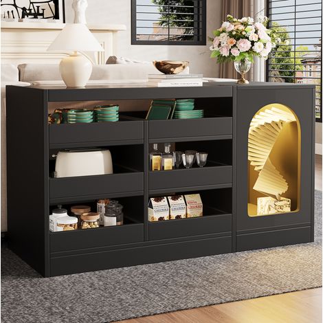 Credenza nera con vetro, 6 ripiani scorrevoli e 1 anta traforata, mobile contenitore per cucina, sala da pranzo e soggiorno