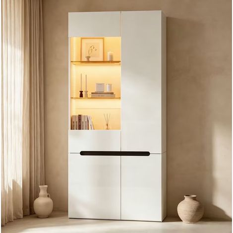 Vetrina espositiva Bluetooth con LED, 80x35x180 cm, 4 ante, 8 scomparti, ripiani in vetro regolabili, MDF bianco (1/5)