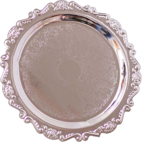 Plateau rond à fruits en métal argenté, idéal pour servir des desserts et gâteaux. Disque décoratif pour mariages et fêtes. (1/5)