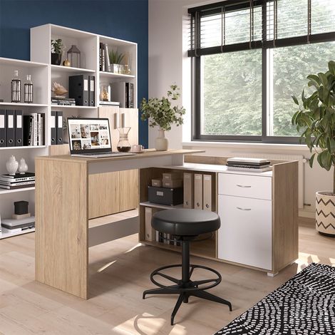 Bureau d'angle Noira, Blanc/Sonoma, 135x77cm avec tiroir, Vicco