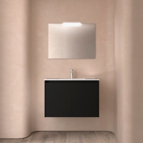Badezimmermöbel NOJA 800 2 Türen BLACK SATIN + Waschtisch + Spiegel
