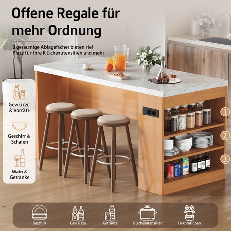 Îlot de cuisine 155x80x90cm avec éclairage LED et prise, bloc cuisine avec plan de travail 40mm, 2xAC+2xUSB, 3 étagères ouvertes, îlot moderne pour cuisine et salle à manger (1/5)