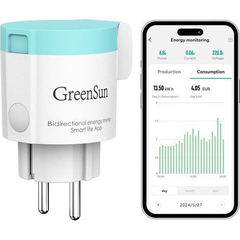Prise Connectée WiFi IP44 pour Kit Solaire de Balcon, 16A 3680W, Suivi de Consommation ou de Production, Smart Life, 2,4 GHz, Cyan/Blanc (1/5)