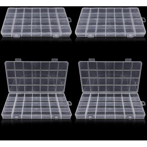Boîte de rangement en plastique transparente à 28 compartiments (4 pièces) pour petites pièces en plastique avec étiquette, artisanat, perles, bijoux, petites pièces
